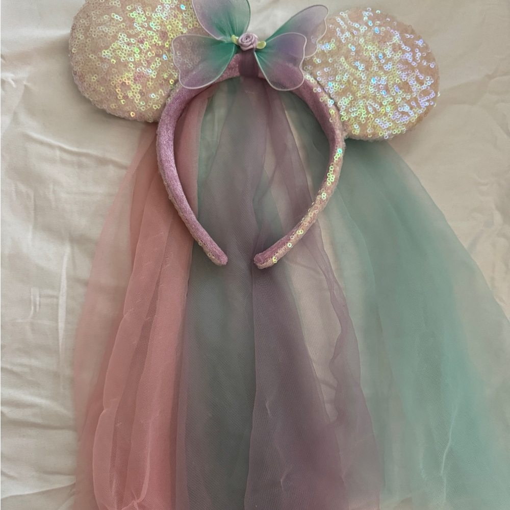 Disney Parks Butterfly Minnie Ears Iridescent Sequins Pastel Veil Headband